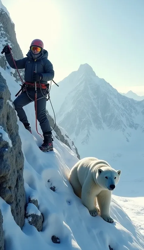 A high-definition, realistic scene of a mountain climber and a polar bear together on a rugged, icy mountain slope. The mountain climber, dressed in cold-weather climbing gear with a sturdy jacket, helmet, and gloves, is gripping an ice axe or rope with de...