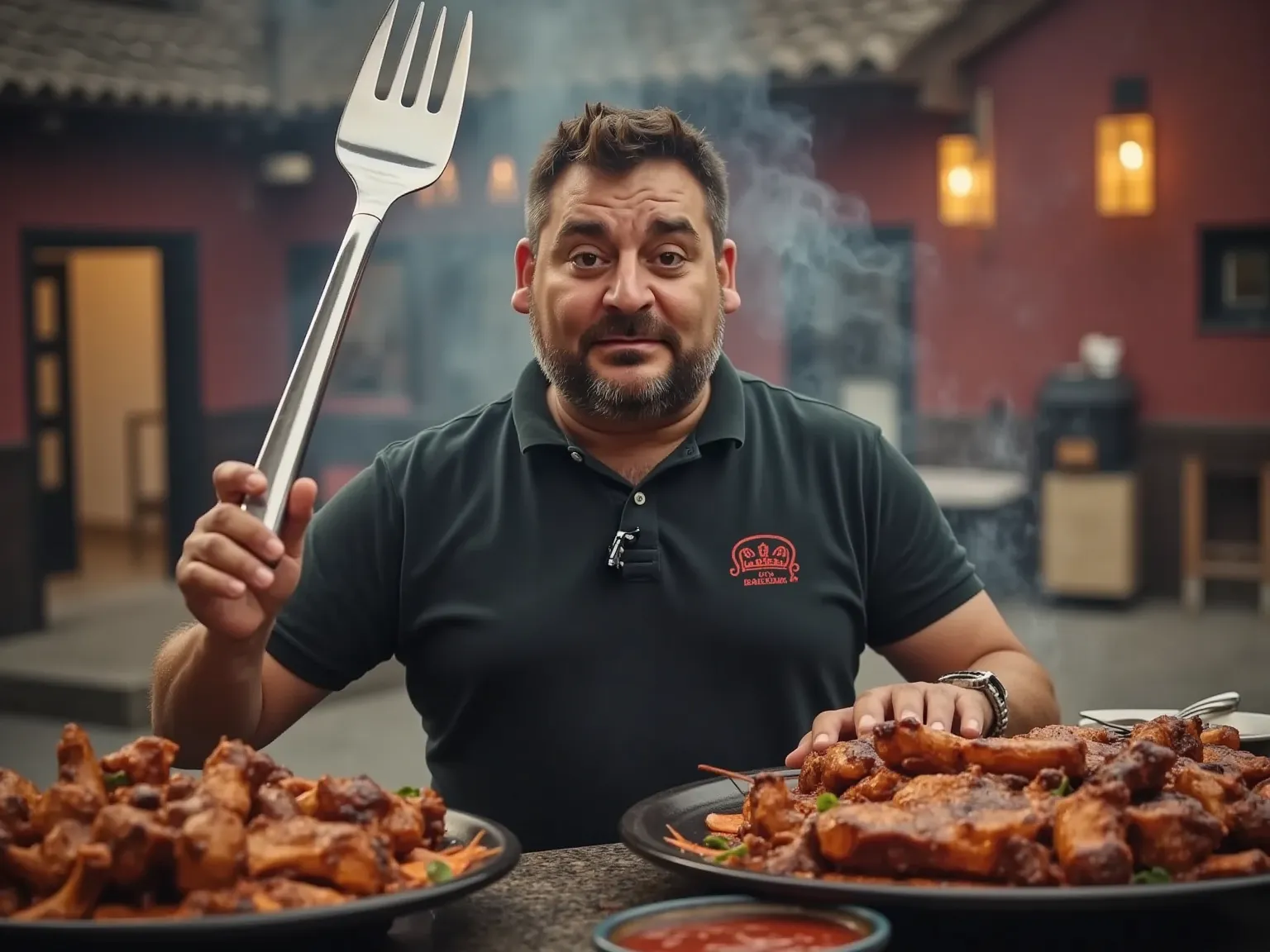 A hyper-realistic, cinematic scene of a man holding a giant fork the same size as him, surrounded by barbecue elements like sizzling meats, sauces, and grilling utensils. The scene is detailed with realistic lighting, shadows, and textures. Focus on the in...