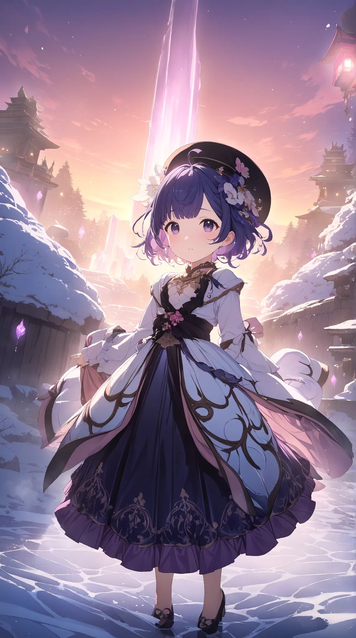 1 girl, ( cute face),  short hair, hat, to many hairstyle,  Fantasy World Outfits ,  Velvet Flare Skirts,  big breasts at the temple, Delicate skin, break, Twilight, (Cold Light:1.2),  Dreamy Atmosphere , Fantastic Shadows , break, Underground cave, Shining Stone、Flowing Water,  Mysterious Sounds ,  Mysterious Atmosphere , game cg, absurdres,  highres icon, ultra detailed, beautiful, masterpiece, best quality
