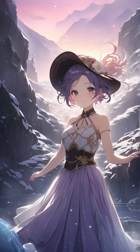 1 girl, ( cute face),  short hair, hat, to many hairstyle,  Fantasy World Outfits ,  Velvet Flare Skirts,  big breasts at the temple, Delicate skin, break, Twilight, (Cold Light:1.2),  Dreamy Atmosphere , Fantastic Shadows , break, Underground cave, Shinin...