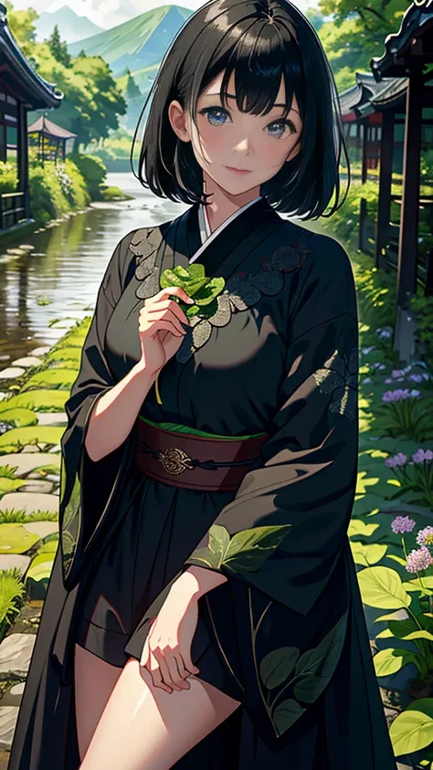 dark rainy evening, {{Hold a large butterbur leaf above your head}}, masterpiece, Best Quality,  Extremely detailed,  girl,  black haired, A Woman Walking in the Japanese Countryside,　emo, dim,  depth of field, rainbow,  highly detailed eyes and faces、Beau...