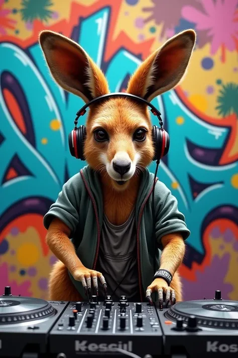 Kangaroo DJ and a graffiti mural in the background 