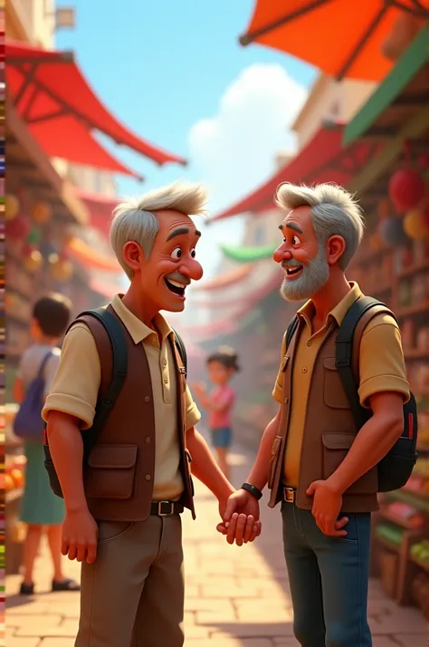 The man suddenly notices his old friend across the market, looking surprised and smiling as he waves. His wife is still shopping and not paying attention. The scene captures the moment of recognition and happiness on the man’s face."3d animation Disney ins...