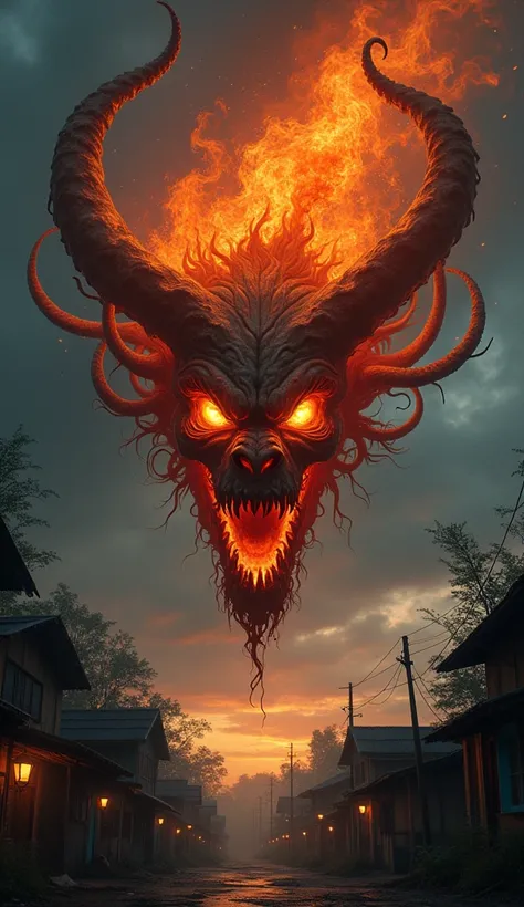 front side view close up, the head of a fire demon without a body is floating, a head without a body made of flames with a scary face, a scary face, long messy hair in the form of burning fire, flying above the trees in a dead slum village in Indonesia in ...