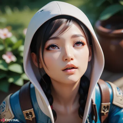 High quality. Beautiful face Asian girl, looking up. Survival of the post-apocalypse. In the hood. 3D