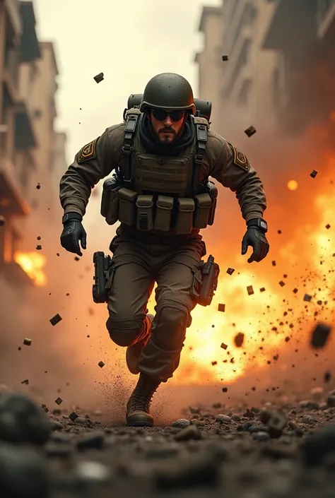 Create a video of a soldier running in the middle of an explosion 