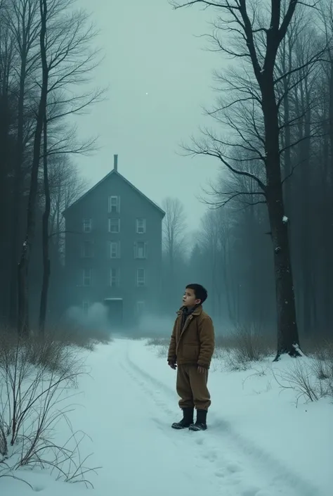 A haunting scene set in a Canadian winter forest, where a young Ojibway boy stands alone, gazing up at a distant sky. The boy, dressed in worn clothing typical of the 1950s, appears solemn and reflective. In the background, the faint image of a looming, gr...