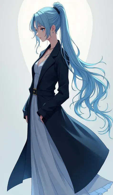 "A girl with long, light blue hair in a ponytail, wearing a black long coat and a necklace. Anime-style illustration, highest quality, high resolution. Ensure her feet are within the frame. 4k, 8k, high-res, masterpiece, ultra-detailed.