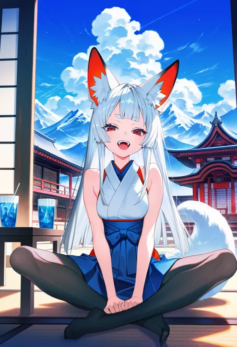 1girl, original,
(yoneyama mai:0.4), (mika pikazo:0.4), (rei (sanbonzakura):0.4), (quasarcake:0.4),
animal ear fluff, animal ears, architecture, bare shoulders, blue hakama, blue sky, breasts, black pantyhose, cloud, cloudy sky, cup, drink, east asian arch...