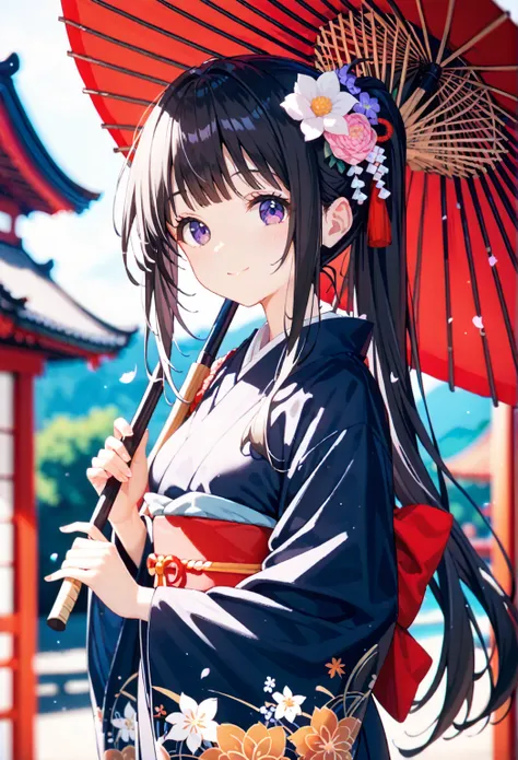 a picture of a asian woman holding an umbrella while indoors and dressed in kimono, 1girl, solo, chitanda eru, japanese clothes, kimono, umbrella, black hair, long hair, purple eyes, looking at viewer, holding, smile, bangs, holding umbrella, hair ornament...