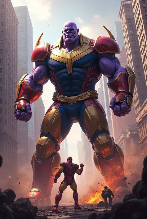 Marvel Thanos and Marvel Ironman Hulkbuster suit fighting in City