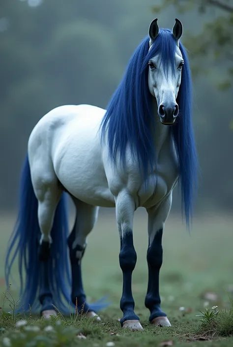 White horse with dark blue straight and long hair