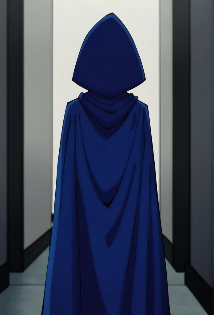 1girl, solo, raven (dc), grey skin, forehead jewel, blue cape covering whole body, long blue cape, cape reaches the ground, standing, room, halfway, hood covered head, from behind, High Resolution, Best Quality, Masterpiece, 