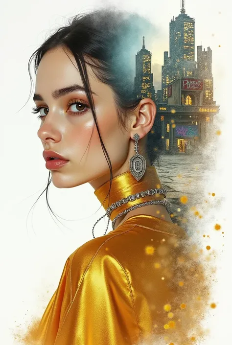 double exposure, watercolor and pencil, digital painting, punk confection, pink,
shining stars, futuristic fontdant, gold ensemble, precision, gritty cityscape,
with dilapidated buildings covered in graffiti, by Mario Testino, Agnes Cecile,
Artgerm, Carne ...