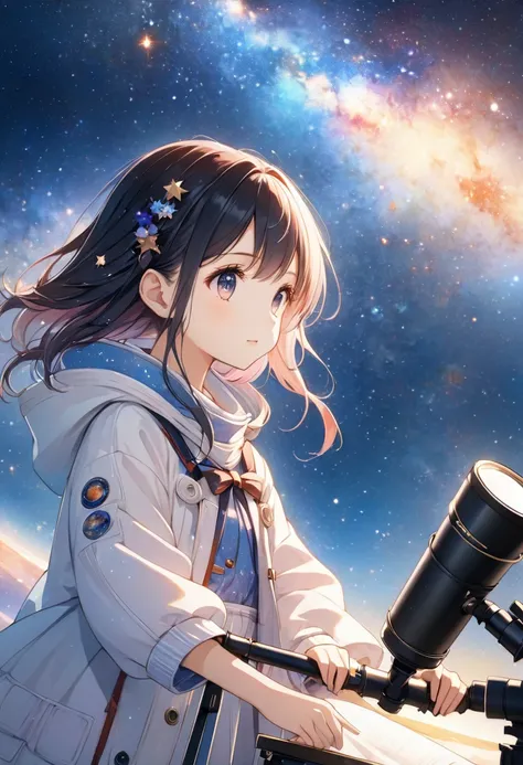 anime girl looking at the stars through a telescope, girl looks at the space, looking to stars, anime style 4 k, 4k anime wallpaper, anime wallaper, anime wallpaper 4 k, anime wallpaper 4k, hd anime wallaper, anime girl desktop background, anime background...