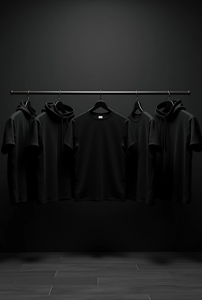 Create an aesthetic clothing room, with t-shirts and hoodies hanging in line, dark and sarcastic and aesthetic, use plain black t-shirts 