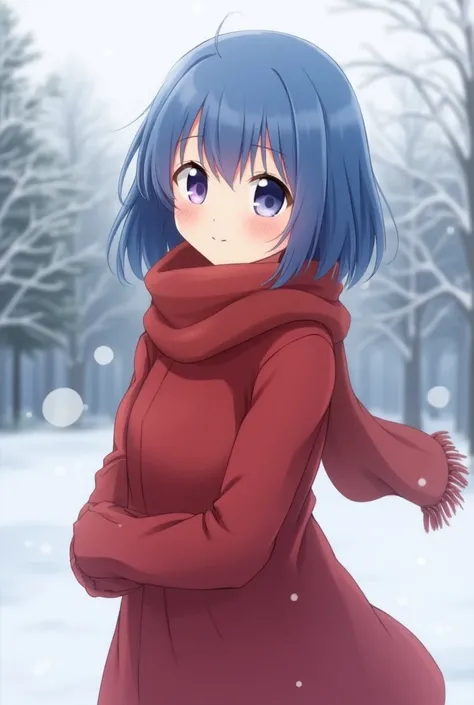 anime girl, short blue hair, left blue eye, right purple eye, thick red woolen scarf, red knee-length sweater, light smile, innocent, long red sweater, winter scene, minor