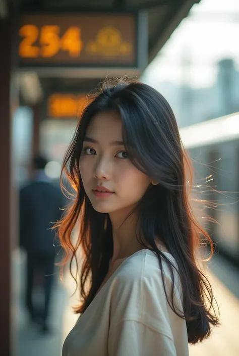  on train station platforms and urban public spaces 、 A beautiful Japanese girl showing a soft expression is looking back here。 she flutters her long straight hair 、 and she smiles lightly 。 her hair swings in the wind and hangs over her face 、 accentuates...