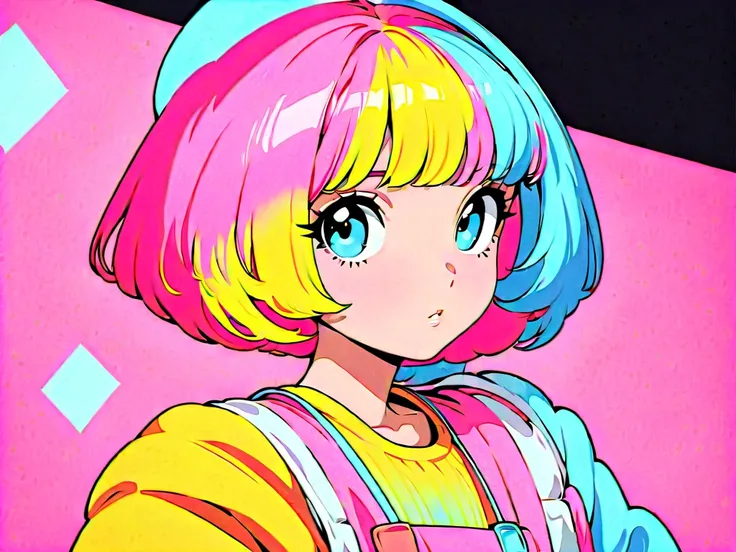 (highest quality:1.2, City Pop Style, Very detailed, Latest, Vibrant, High Contrast, masterpiece:1.2, highest quality, Best aesthetics), girl, ((Face Up Shot:1.4)), Colorful Hair, Bobcut, pastel colour, 1980s style, ((Retro, Vintage, Solid color background...