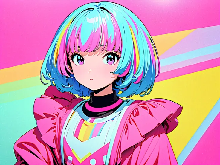 (highest quality:1.2, City Pop Style, Very detailed, Latest, Vibrant, High Contrast, masterpiece:1.2, highest quality, Best aesthetics), girl, ((Face Up Shot:1.4)), Colorful Hair, Bobcut, pastel colour, 1980s style, ((Retro, Vintage, Solid color background...