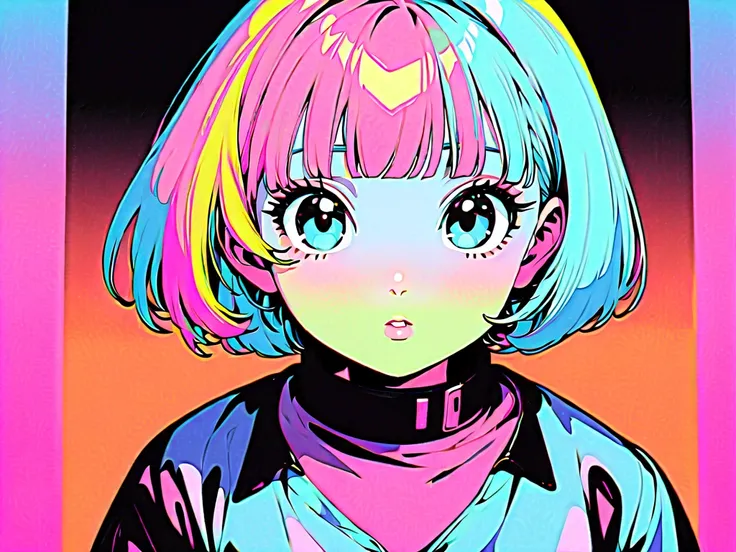 (highest quality:1.2, City Pop Style, Very detailed, Latest, Vibrant, High Contrast, masterpiece:1.2, highest quality, Best aesthetics), girl, ((Face Up Shot:1.4)), Colorful Hair, Bobcut, pastel colour, 1980s style, ((Retro, Vintage, Solid color background...