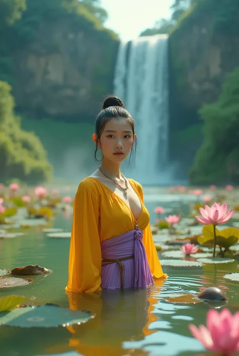  20-year-old Thai girl for computer , peau claire,  hair tied in a bun clearly and wet hair , en regardant la caméra, Wearing a yellow , violet, colored, fantasy,  wading in the lotus pond to capture the light flowing through the mountain with a waterfall,...