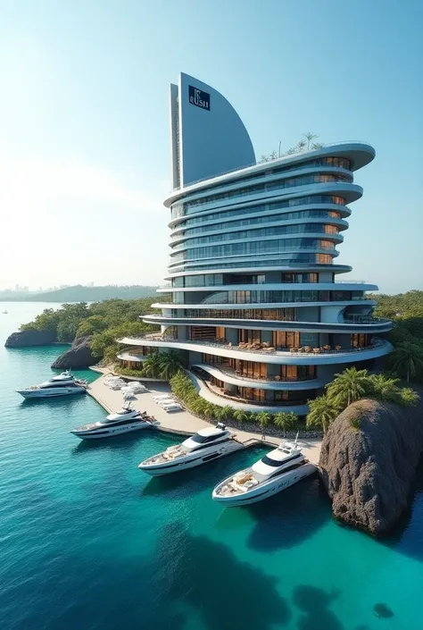 Generate a FUTURISTIC Big HOTEL Modern and LUXURY Building  with the logo RUSH HOTEL, surrounded by many small, simple, thatched-roofed antique lagoon water villas granite rocky in the ocean, there were 3 small yachts docked at the hotel dock