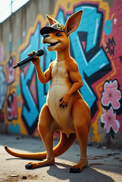 Kangaroo rapping with a microphone in his hand and a graffiti mural in the background 