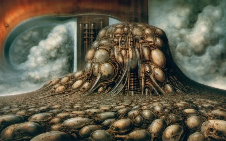 H. R. Gigers g1g3r, , Giger_style, The image is a detailed view of H.R. Gigers " Island Of The Dead " plate, featuring ( b The image depicts a fantastical scene of a castle with a round tower, surrounded by a whirl of dark clouds and a starry nebulous sky ...