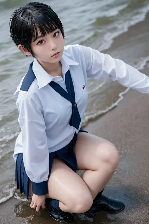 Best quality,raw photo  , 19 years old Japanese female idol, face focus , face closeup ,from above , selfie , POV , dynamic angle,leaning forward, Squatting, Spread legs, school uniform , kneehighs , undies ,Short hair, bowl cut ,cute face  ,edgy,droop  ,w...