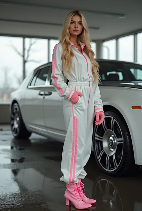   Realistic girl
The view from the ceiling
Louboutin shoes
Rolls Royce Phantom 2024,  Girl in a white tracksuit with pink stripes
1 girl  , One,   long blond hair, ,   ulybka , 


At a car wash, , стоит рядом с ярким розовыи Rolls Royce Phantom 2024 года 
...