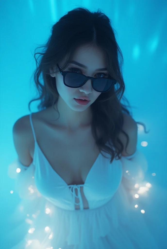 A women beautiful woman and eyes sunglasses and background blue light in Display and white dress 