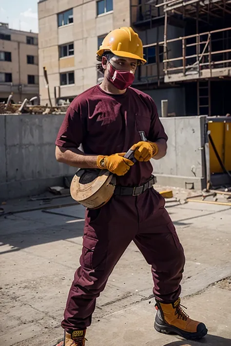 Construction worker wearing a full burgundy adidas shirt, Construction helmet, safety boots, safety gloves 