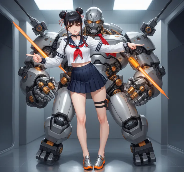 young woman,  with a stylized Japanese schoolgirl look and futuristic mechanical details . The character is standing,  in a confident and threatening posture ,  with one hand around her waist and the other hand raised in a combat gesture ,  pointing forwar...