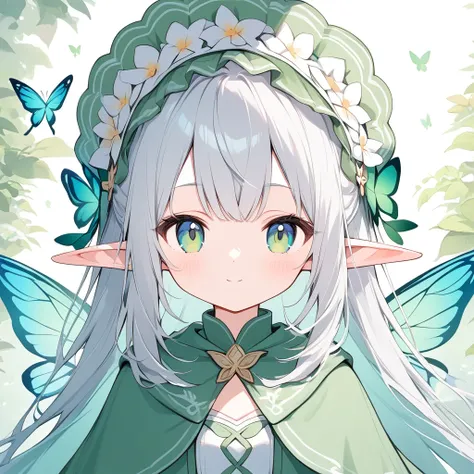 Butterfly Fairy，Elf Girl，Avatar section， long silver hair，Headdress，gentle，cute，Big Head，White-green color scheme，Elf costume 