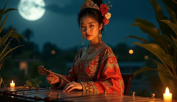 A Asia woman in traditional dress javanese, A sexy female with sharp Javanese features in a expensive traditional outfit playing a Gamelan, Vibes Gamelan, Night Scene