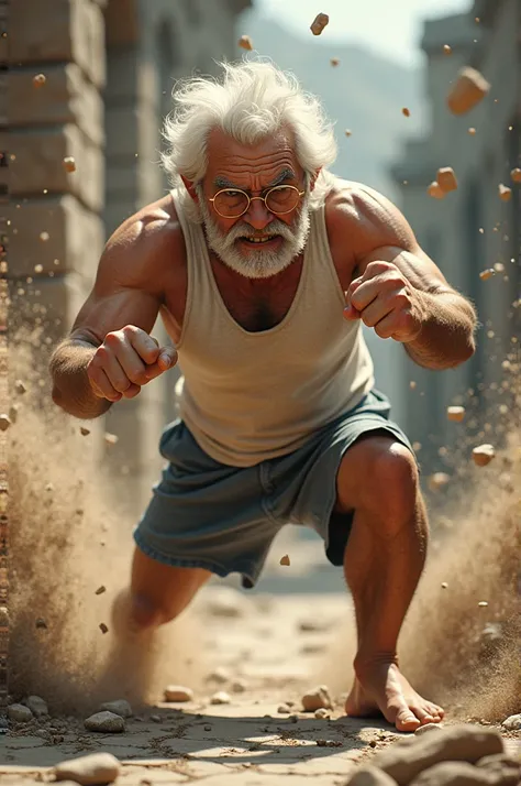 An elderly man wearing gold round glasses white tank top shorts barefoots, punch down towards the floor under him. The floor beneath his fist cracks open, sending many fragments of stone flying and dust splashing up from the impact, creating a dynamic scen...