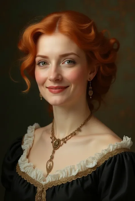 Create an image of a woman in her early 70s from victorian times (ginger hair, smiling, her hair down, 3/4 perspective)
