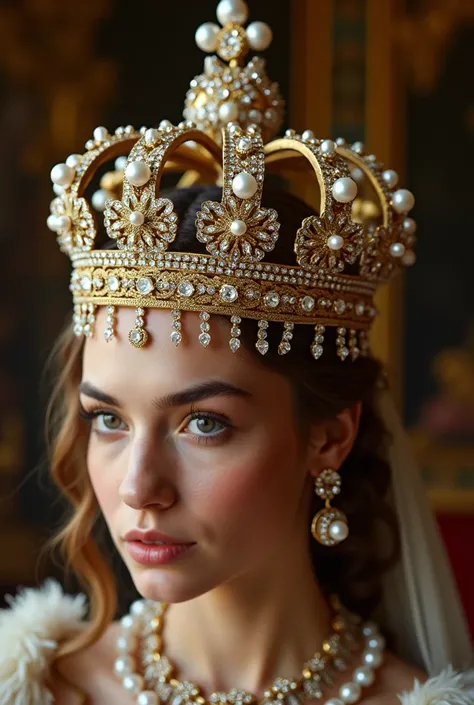 The beautiful crown is decorated with diamonds and pearls.