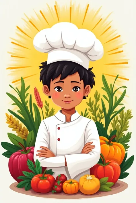 Create a colorful Master Chef logo for s ,  that he has a chefs hat and healthy food
Let the chef represent a boy and a girl , With God  