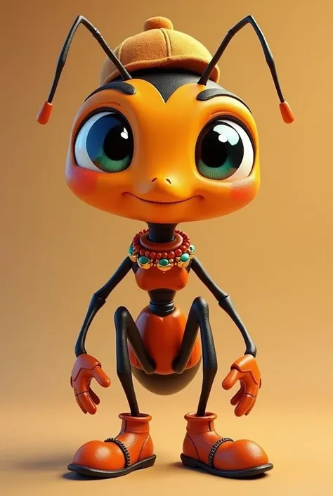  to generate an anime-like ant , with big eyes, Expressive, smiling, young,  on his legs place orange shoes ,  in his hands place fingers ,  he has to wear antennas and he must not have ears ,  to subtly notice the beauty of his skin ,  the ant has to be o...