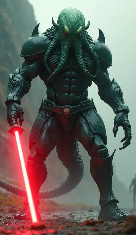 a giant muscular dark green octopus alien, dark vader armor, holding red energy sword, science fiction, 8k, ultra-detailed, hyper-realistic, cinematic lighting, dramatic angles, dynamic pose, intricate details, vibrant colors, photorealistic, award winning...