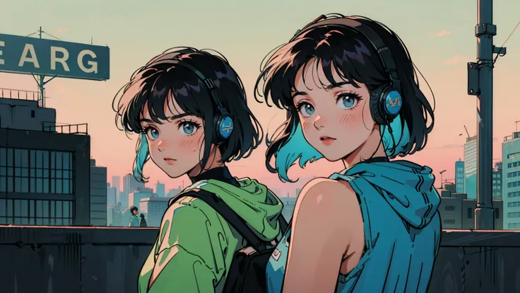  dark-haired bob woman in a retro-futuristic park in the evening。 She wears a pastel colored hoodie over her tank top 。 The point of view is directed at the camera as if looking back。A slightly sad expression, like remembering something while listening to ...