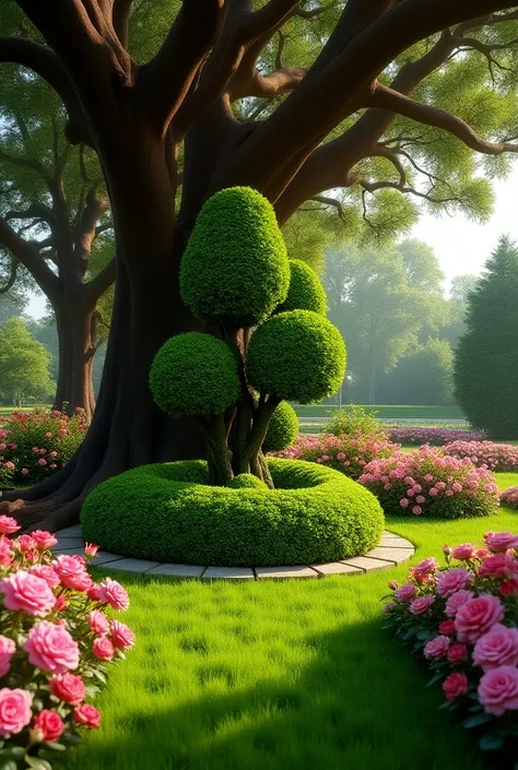 A meticulously designed garden with lush green grass AND ROSE FLOWERS as the primary background. Dominating the scene is a large tree with a rich, reddish-brown trunk and sprawling branches. The garden is adorned with a variety of flowers, including pink r...