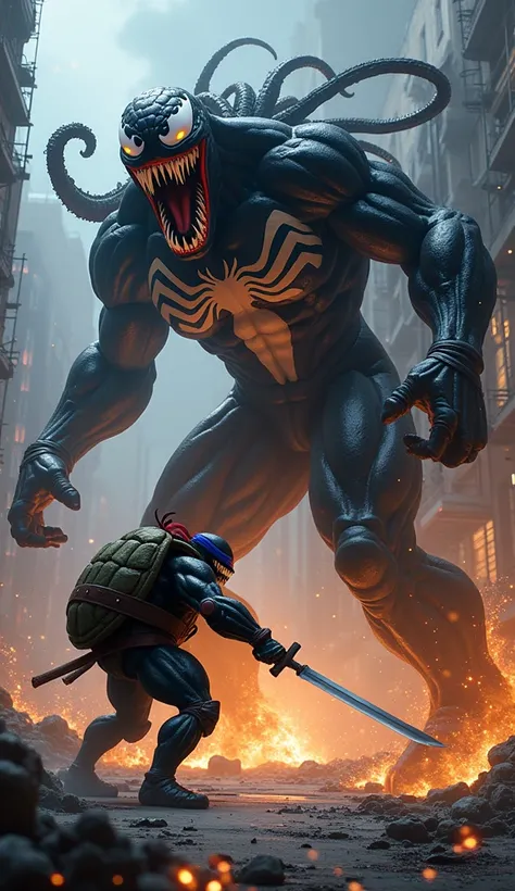 Venom and Leonardo (Teenage Mutant Ninja Turtles) fighting and merge into fusion big creator