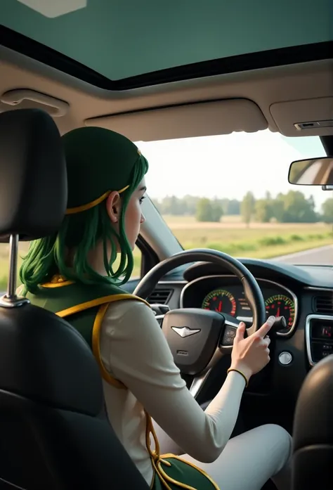 1 girl, driving a car, interior, from inside