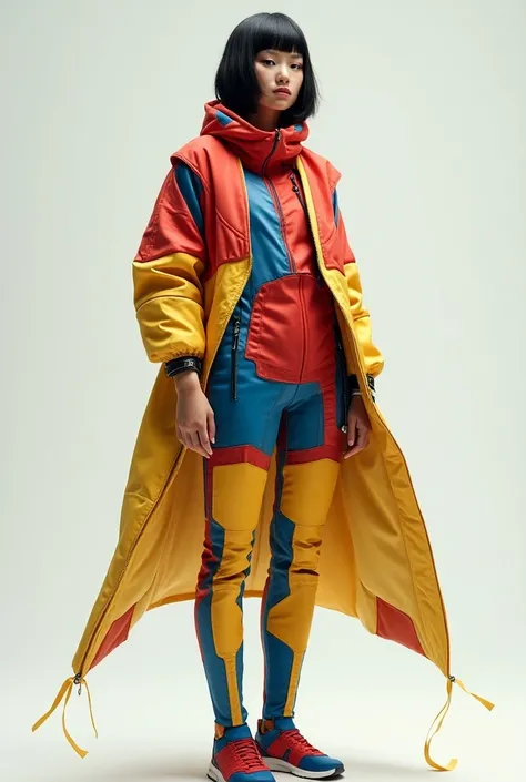 Create a futuristic wardrobe of an upper-class girl who lives in a bubble and uses strong primary colors with white