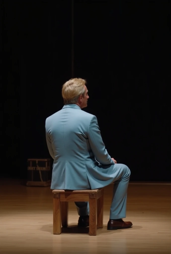 a blond man, wearing light blue suit.  he is at the theater on a stage ,  sitting on a wooden bench performing,  photo taken from afar  