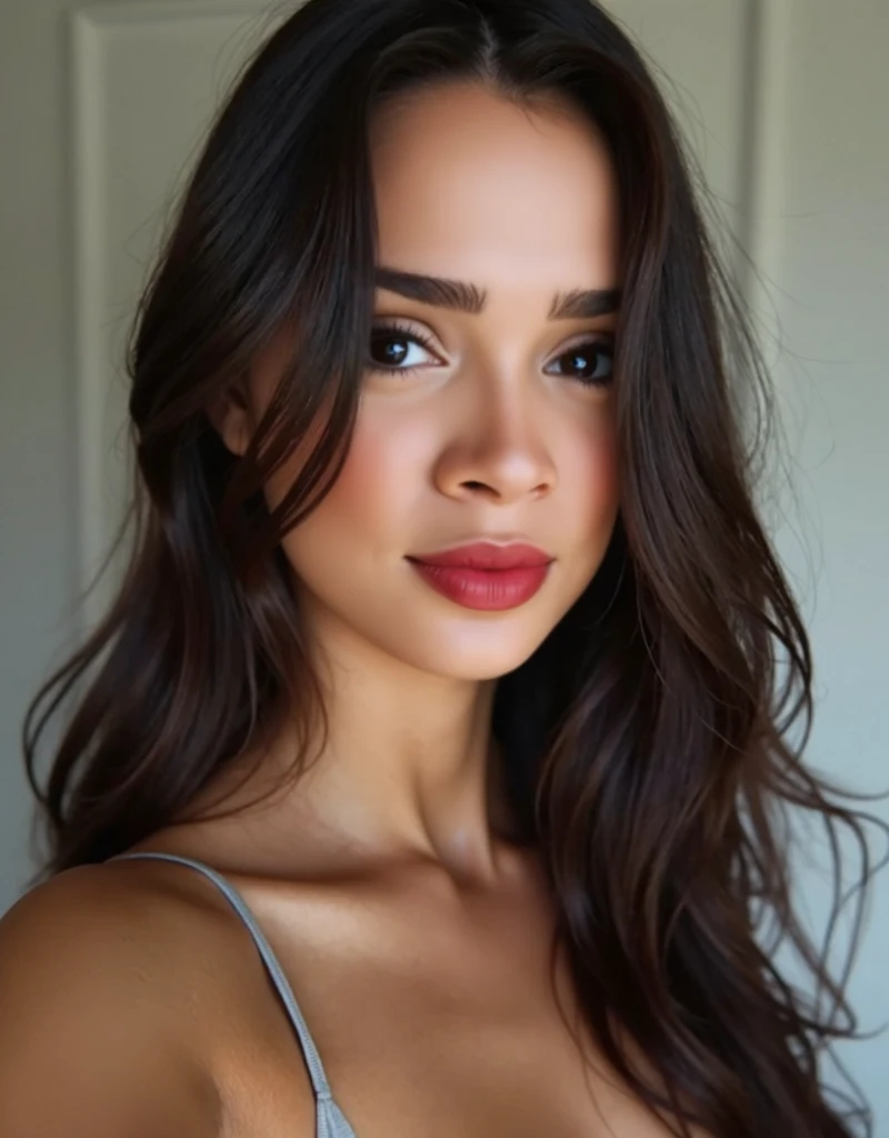  a close up of a woman with long naked hair without a blouse and exposed shoulders, Selfie with a cut taking half of her breasts up , ,  selfie of a young woman , 18 years old, Cindy Avelino,  Estefania Villegas Burgos , leaked photo,  19 years old,  selfi...