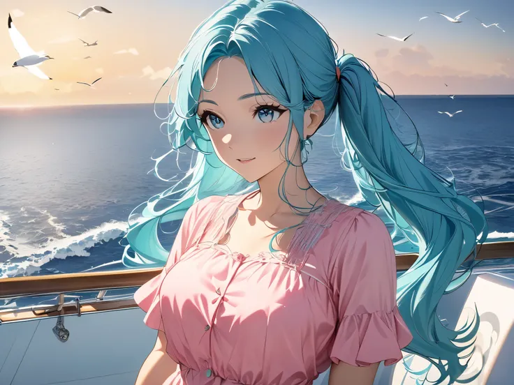 Anime Women, ,Soft Hair,turquoise hair , long hair, ponytails,  turquoise eyes ,、Summer pink clothes   , On a yacht , sea ,  seagull , blue sky,Sunset High Resolution , Great work,   have the correct anatomy, Accurate,  best quality, 